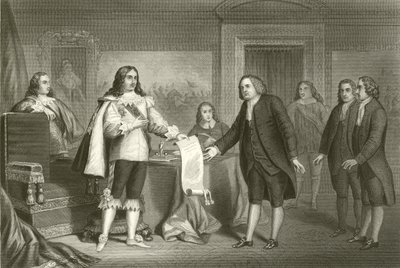 William Penn ontvangt het Handvest van Pennsylvania van Karel II door English School