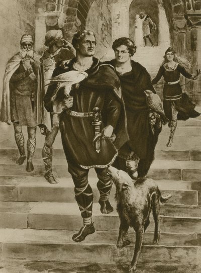 Willem de Veroveraar gaat valkenieren (gravure) door English School