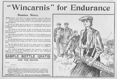 Wincarnis voor uithoudingsvermogen, advertentie uit The Graphic, 27 oktober 1906 door English School