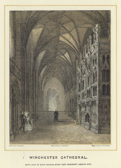 Winchester Kathedraal, zuid zijbeuk van het koor met het monument van Bisschop Fox, kijkend naar het westen door English School