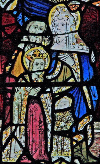 Raam Ew met St. Anna, Joachim, de Maagd Maria en het Christuskind door English School