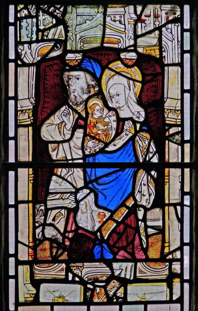 Raam Ew met St. Anna, Joachim, de Maagd Maria en het Christuskind door English School