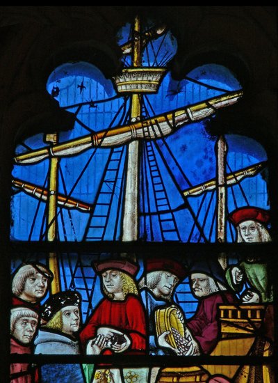 Raam SaEw met een scène uit een legende van St. Nicolaas: de graanschepen lossen in Myra door English School