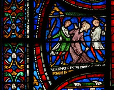 Een scène uit een St. Thomas Becket wonderraam: Het verhaal van Mad Matilda van Keulen door English School