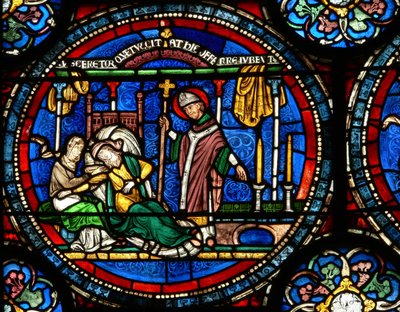 Een scène uit een St. Thomas Becket wonderraam: Julia Puintel wordt naar het graf gestuurd door English School