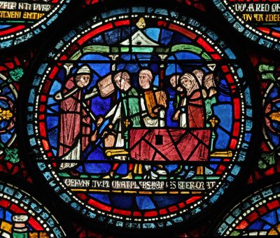 Een scène uit een St. Thomas Becket wonderraam: De begrafenis van Gilbert de Brun (?) door English School