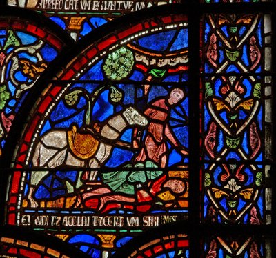 Een scène uit een St. Thomas Becket wonderraam: William van Gloucester wordt begraven maar zijn stem wordt gehoord door English School