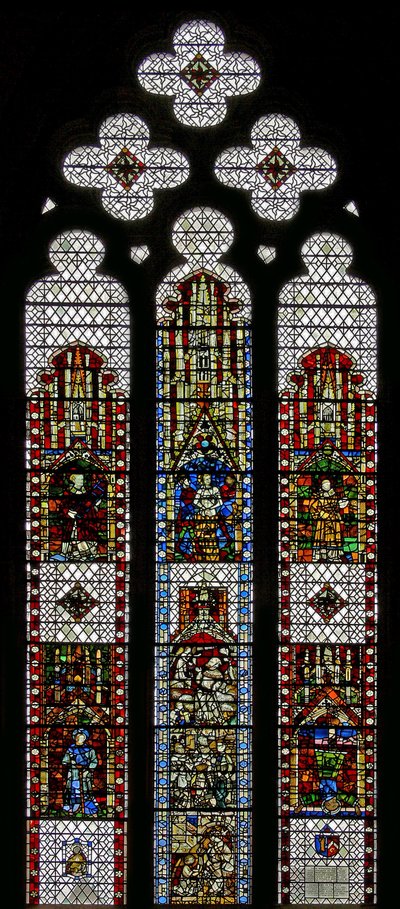 Raam w32 met St. George, St. Laurentius, St. Stefanus, St. Cuthbert, St. Petrus, St. Anna, St. Joachim door English School