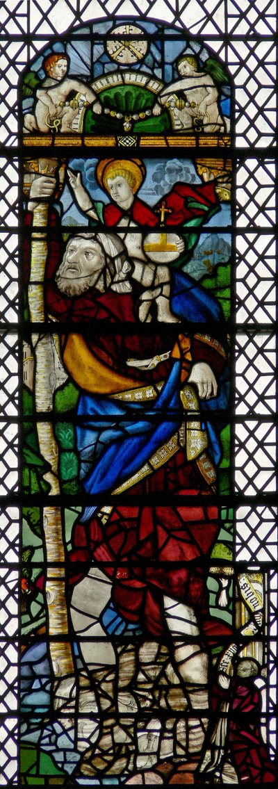 Raam w36 met St. Christoffel - een hybride figuur van Frans 16e-eeuws en Engels 15e-eeuws glas, samengesteld in 1956 door English School
