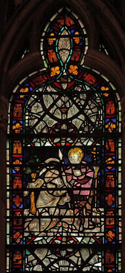 Raam w58 met de ongelovige St. Thomas; grisaille en rand door English School