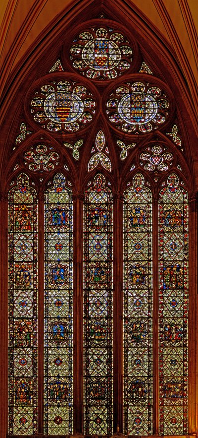 Raam w61 met scènes uit het leven van St. Thomas Becket: ook St. Margaretha, St. Nicolaas, St. Johannes de Doper en St. Edmund door English School