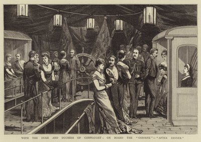 Met de Hertog en Hertogin van Connaught, aan boord van de "Osborne", "Na het diner" (gravure) door English School
