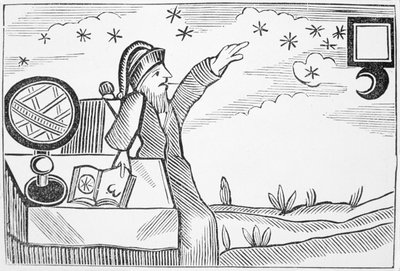 Tovenaar Raadpleegt de Maan en de Sterren, illustratie uit een verzameling chapbooks over esoterica door English School