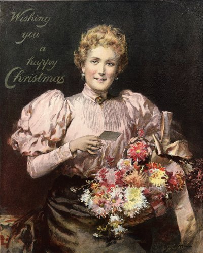 Vrouw met een boeket bloemen, met de legende, Wens je een vrolijk kerstfeest door English School