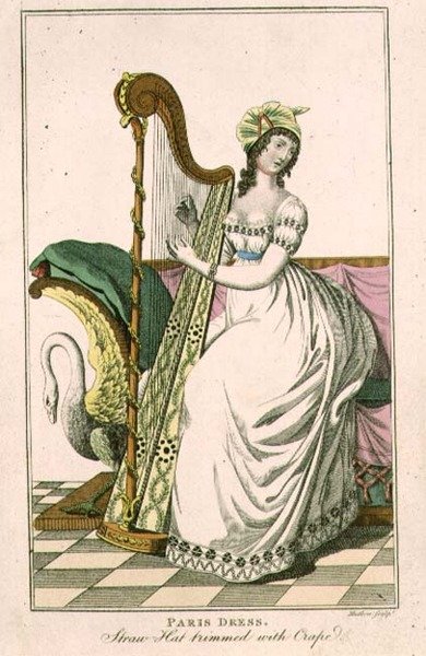 Vrouw in een Parijse jurk en een strohoed versierd met crêpe die harp speelt, illustratie uit het 