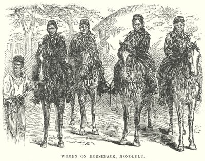 Vrouw te paard, Honolulu (gravure) door English School