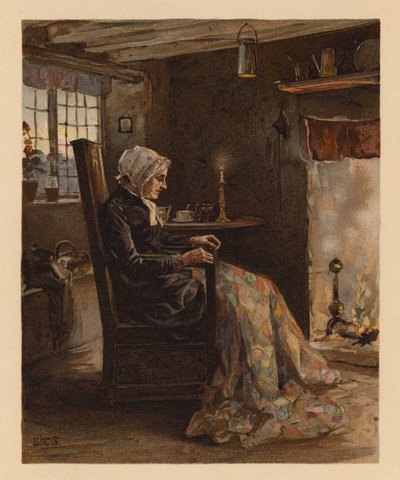 Vrouw naait een lappendeken (chromolitho) door English School