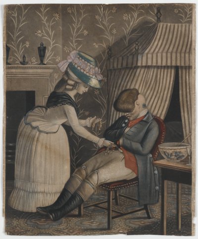 Vrouw steelt een kousenbeurs en zakhorloge van een slapende man, ca.1790 door English School