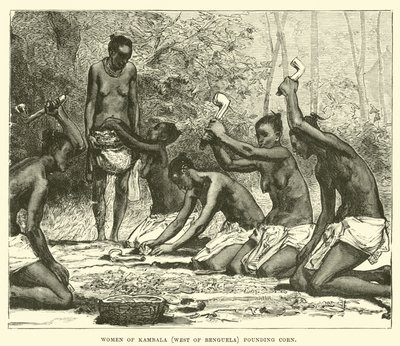 Vrouwen van Kambala (ten westen van Benguela) stampen maïs door English School