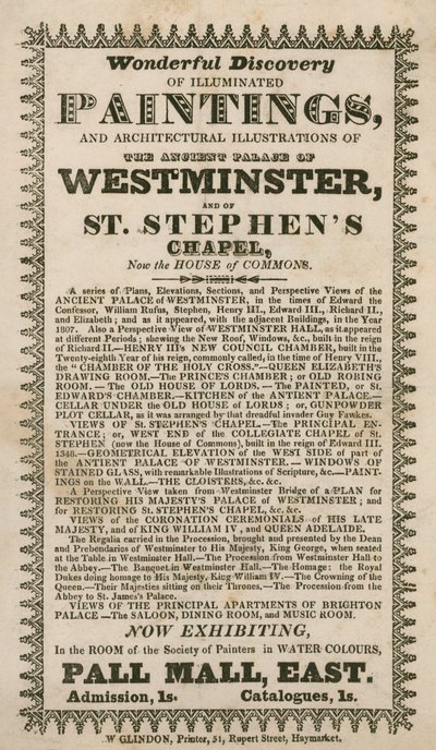 Wonderbaarlijke ontdekking van verlichte schilderijen en architecturale illustraties van het oude Palace of Westminster en van St. Stephens Chapel, nu het Lagerhuis door English School