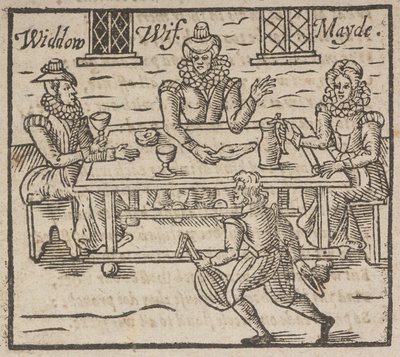 Houtsnede die vrouwen toont die rond een tafel zitten, een weduwe, vrouw en dienstmeid door English School