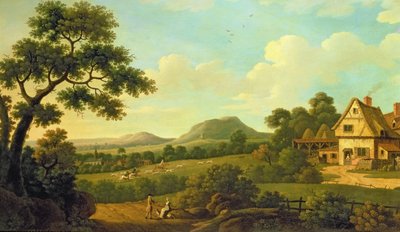 Boslandschap met figuren langs de weg door English School