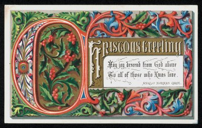 Woorden uit een Anglo-Normandisch kerstlied, kerstkaart door English School