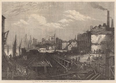 Werken aan de zuidelijke Embankment van de Thames bij Lambeth door English School