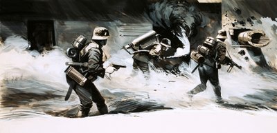 Soldaten uit de Tweede Wereldoorlog vallen een bunker aan met een vlammenwerper door English School