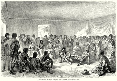 Worstelwedstrijd voor het hof van Tananarivo (gravure) door English School