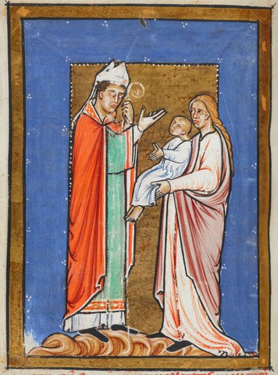 Yates Thompson 26 f.62v St. Cuthbert geneest een kind met de pest, illustratie uit het 