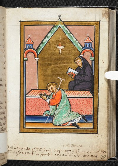 Yates Thompson Ms 26, f.79 r Kreupele die bidt bij het graf van St. Cuthbert, illustratie uit 