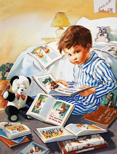 Jonge jongen die verhalenboeken leest door English School