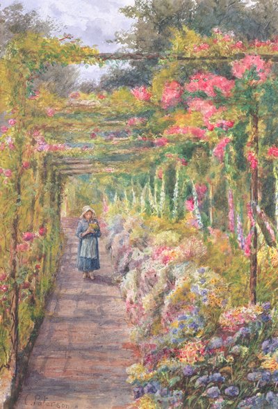 Jong meisje wandelend onder een rozenpergola door English School