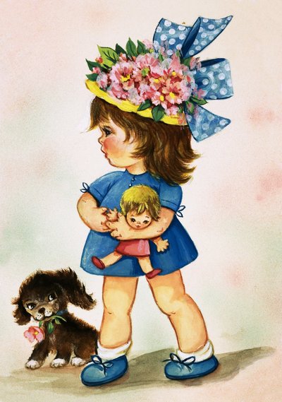 Jong meisje met bloemenhoed, pop en puppy door English School