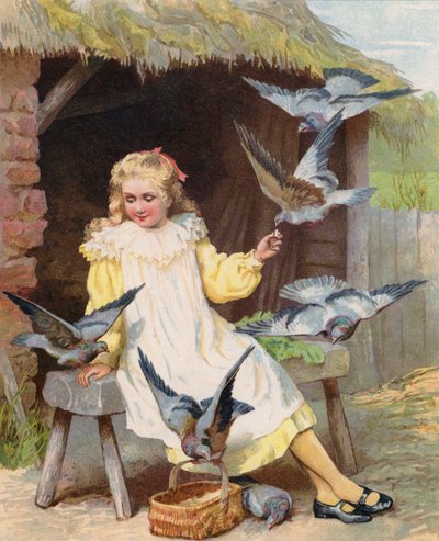 Jonge meisjes die duiven voeren op een boerderij door English School