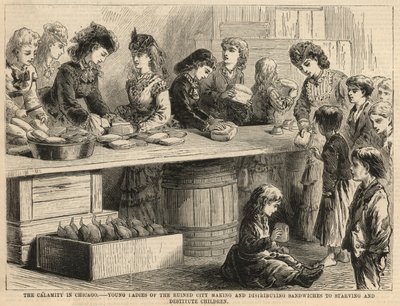 Jonge dames van de verwoeste stad maken en distribueren sandwiches aan hongerige en behoeftige kinderen door English School