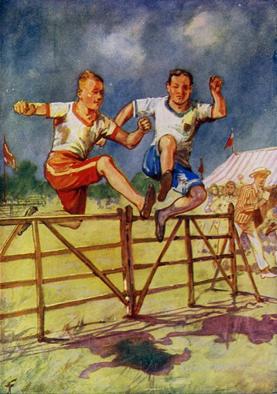 Jonge mannen die deelnemen aan een steeplechase door English School