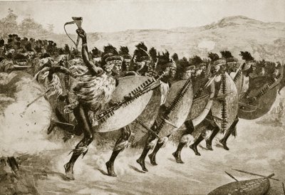 Zulus die oprukken om aan te vallen bij Kambula Hill, 29 maart 1879 door English School