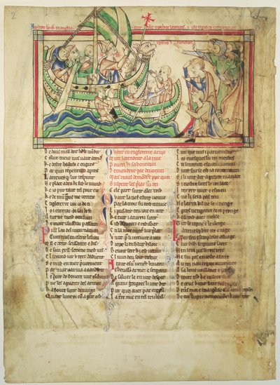 f.4v Thomas a Becket landt in Sandwich en zegent het water, uit de Becket Leaves, ca. 1220-40 door English School