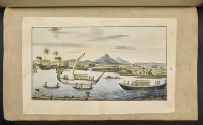 Rivierscène in Java met boten, inclusief een drakenkopboot door English School
