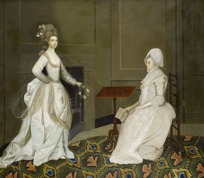 Twee dames in een interieur, een lezend, de ander met een bloemenkrans door English School, 18th Century