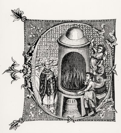 Geïllustreerde initiaal C uit Divinorum Officiorum door William Durand, illustratie uit Wetenschap en Literatuur in de Middeleeuwen en Renaissance, geschreven en gegraveerd door Paul Lacroix, 1878 door English School English School