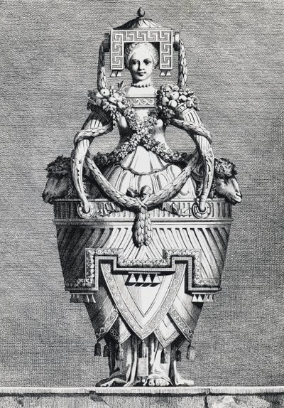 Antropomorfe vaas, Griekse bruid, gravure uit Mascarade la Grecque, Suite des Vases en Cheminees, Parma door Ennemond Alexandre (after) Petitot
