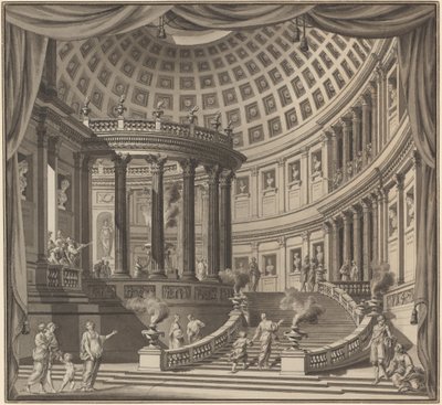 Ontwerp voor een Toneelgordijn: Het Interieur van een Uitgebreide Tempel Gewijd aan Illustere Mannen door Ennemond Alexandre Petitot