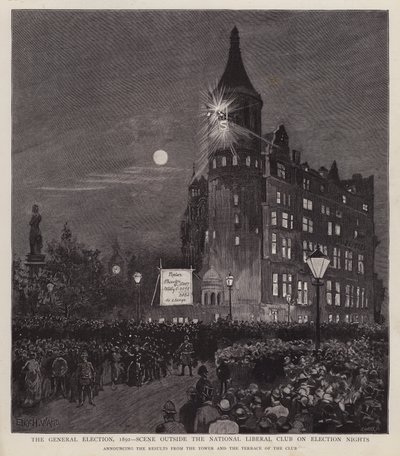 Aankondiging van de resultaten van de algemene verkiezingen van 1892 vanuit de Liberal Club, Westminster, Londen door Enoch Ward