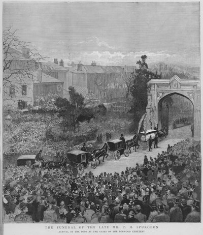 Begrafenisstoet met het lichaam van de Engelse predikant Charles Haddon Spurgeon arriveert bij de poorten van Norwood Cemetery, Londen door Enoch Ward