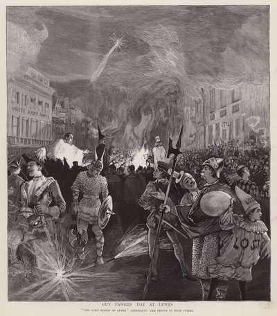 Guy Fawkes Day optocht in Lewes, Sussex, 5 november 1892 door Enoch Ward