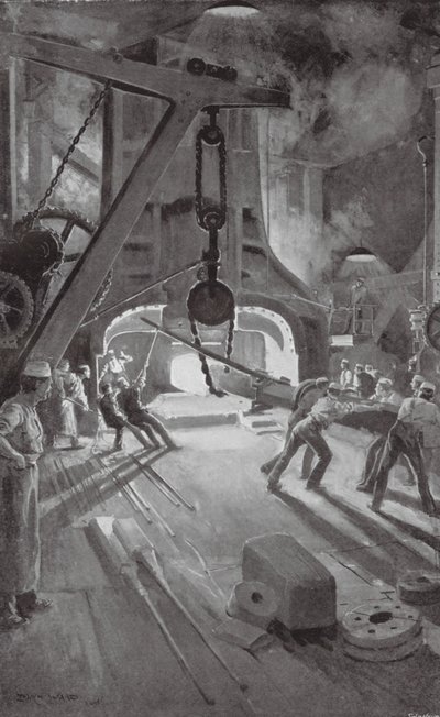 De 40-tons stoomhamer aan het werk in Woolwich Arsenal door Enoch Ward
