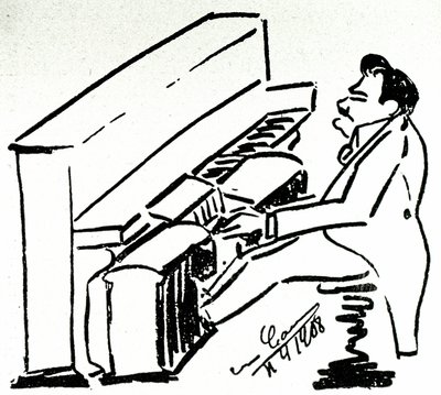 Zelfkarikatuur van lyrische zanger Enrico Caruso aan de pianola door Enrico Caruso